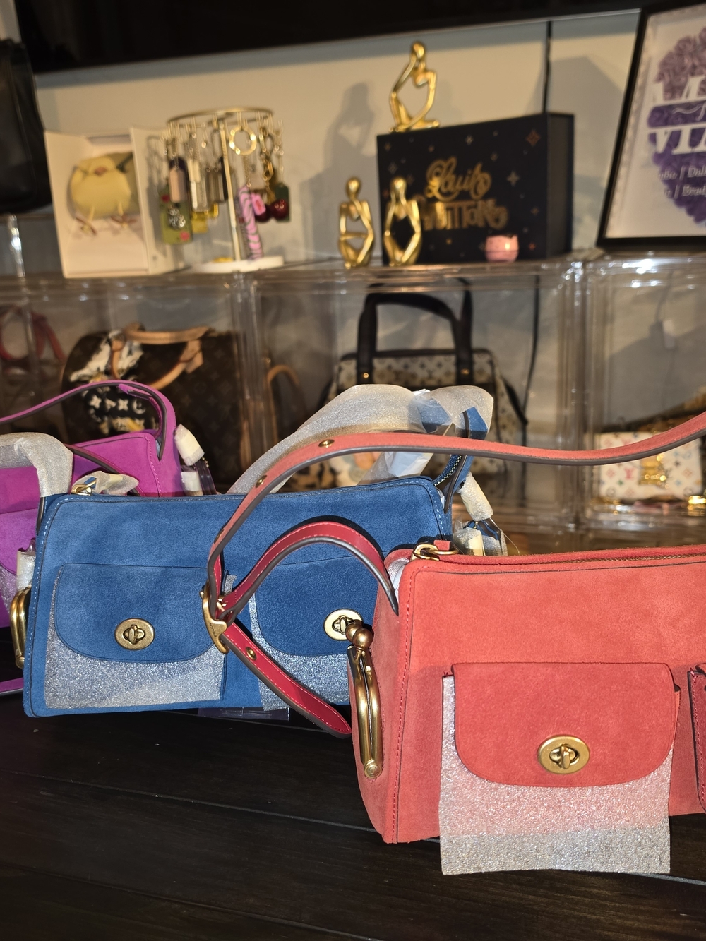 Suede Turn-Lock Shoulder Bag in Blue and Coral